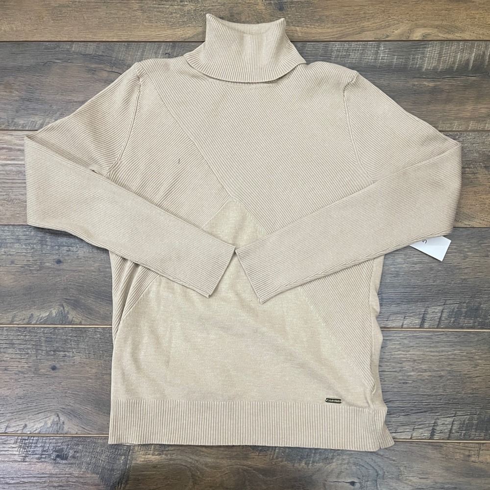 Calvin Klein Womens Ribbed Turtleneck Sweater Tan Mixed Stitch Size M Cozy NWT